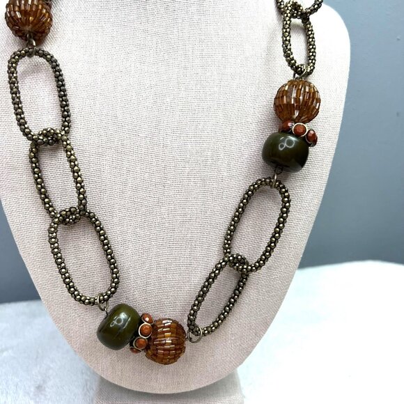 Chunky Earthy Beaded Link Statement Necklace Olive Green Brown Gold Tone - Picture 3 of 6